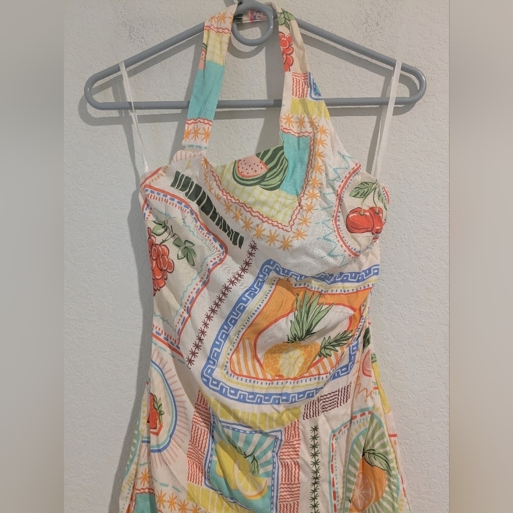 Seven Wonders Colorful Fruit Print Asymmetric Halter Fitted Agata Mini Dress - Picture 8 of 13